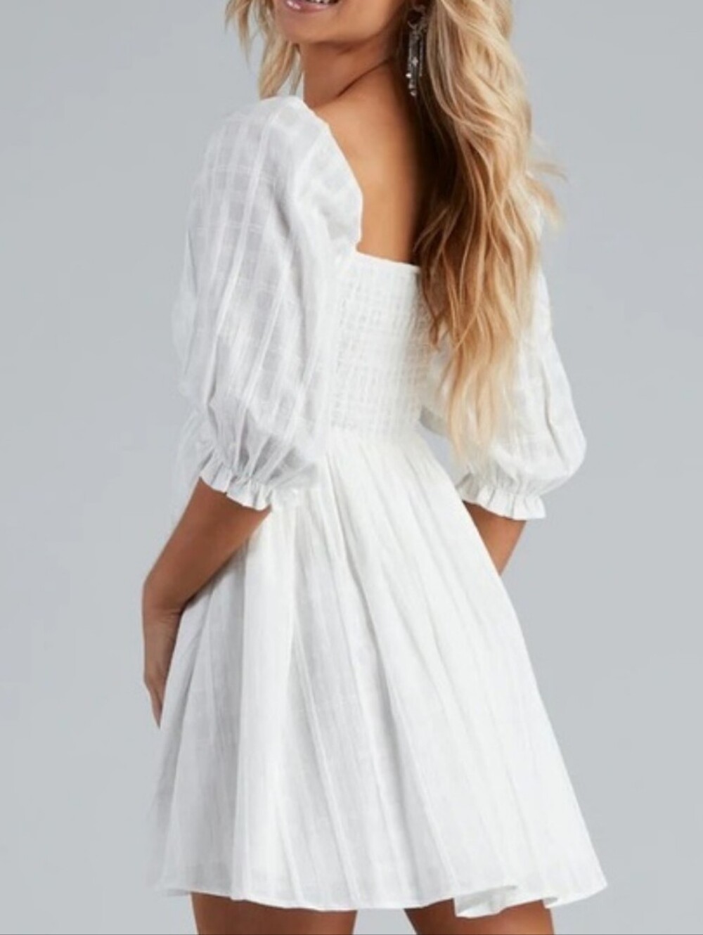 Windsor Puff Sleeve Babydoll Dress White Cotton Smocked Back Lined Size M